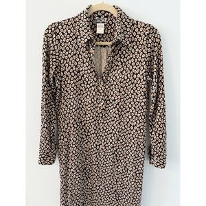 DVF 90s Vintage 100% Silk Jersey Knit Shirt Dress Black White Tan Printed 8